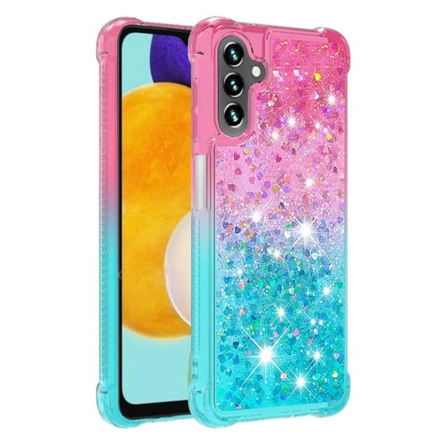 SKALO Samsung A13 5G Kvicksand Glitter Hjerter TPU Cover - Pink-Turkis