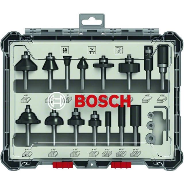 15-delars mixed fräs set ¼$ skaft Bosch