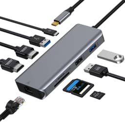 NÖRDIC 1 til 9 USB-C Docking Station Double HDMI 4K 60Hz, 1xUSB-C PD87W 3XUSB A 1XRJ45 2XSD MicroSD Card Reader Space Grey Dual HDMI USB-C Adapter