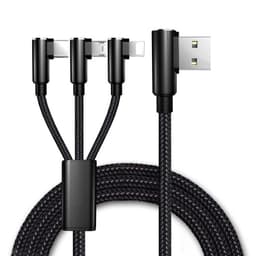NÖRDIC vinklet multi-oplader kabel 1 til 3 USB A til Micro USB, Ikke MFI Lightning og USB C 1m Max 3A