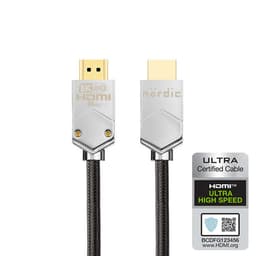 NÖRDIC CERTIFIED KAAPELIT 1,5m Ultra High Speed ​​​​HDMI2,1 8K60Hz 4K120Hz 48Gbps Dynamic HDR eARC VRR erittäin kestävä nailonpunottu kaapeli kullattu