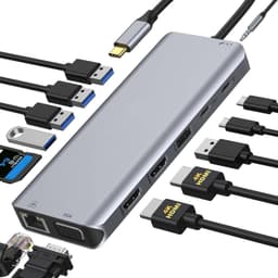 NÖRDIC 1-14 MST Telakointiasema USB-C kahdelle HDMI 4K 30 ja 60 Hz 1xVGA 5xUSB A 2xUSB C 1xRJ45 2xSD / TF ja 1xAudio metalli hopea kaksois HDMI