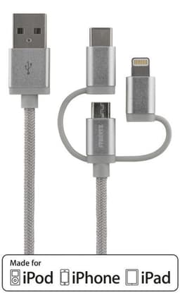 STREETZ 3i1 USB-synk/laddarkabel,universal,USB-2.0, 2.4A/12W,MFi,silve