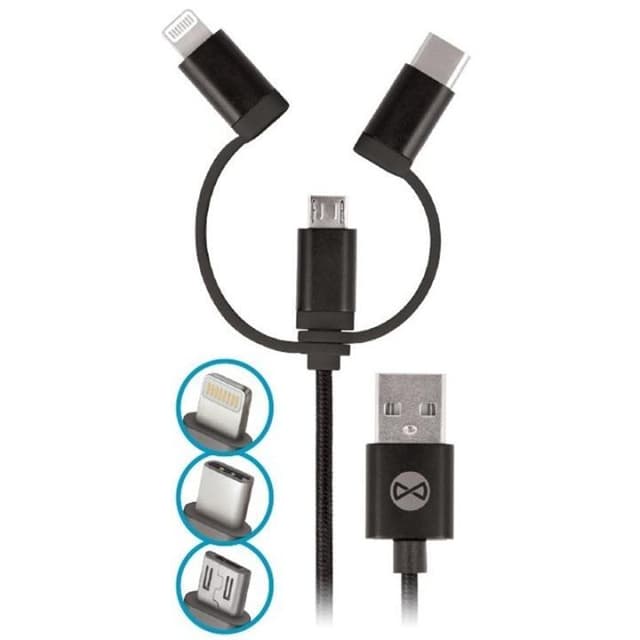 Forever 3in1 nylon microUSB + Lightning + USB typ-C Svart