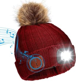Bluetooth beanie med hodetelefoner / LED frontlykter Vinrød