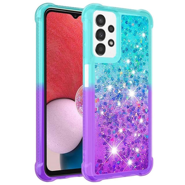 SKALO Samsung A13 4G Juoksuhiekka Glitter Sydämet TPU kuori - Turkoosi-Violetti