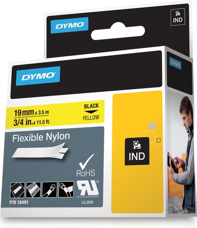DYMO RhinoPRO etikettbånd flex nylon 19mm, svart på gul