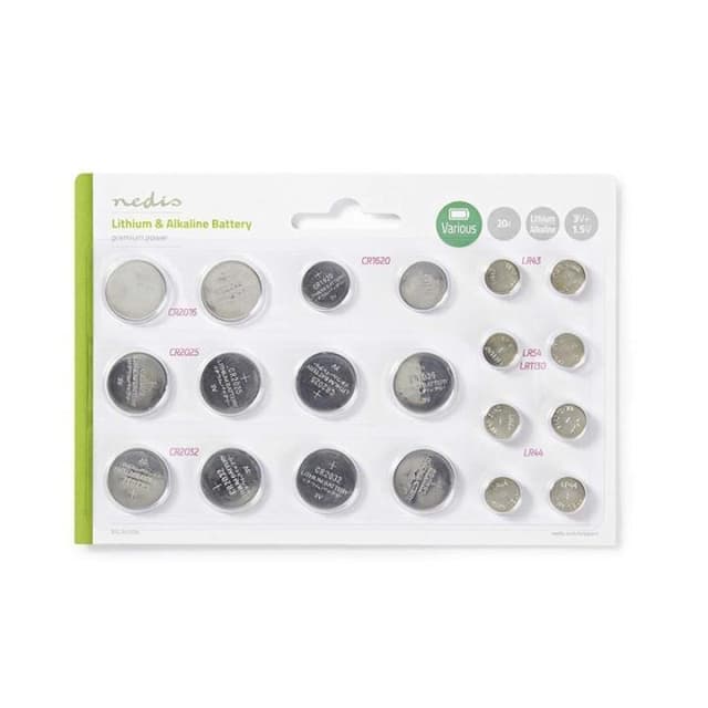 Nedis Litium / Alkaline Button Cell Battery Multi Pack | 1.5 / 3 V DC | Alkalisk / Litium | CR1620 / CR2016 / CR2025 / CR2032 / LR43 / LR44 / LR54 | Antall batterier: 20 stk. | Ulike enheter