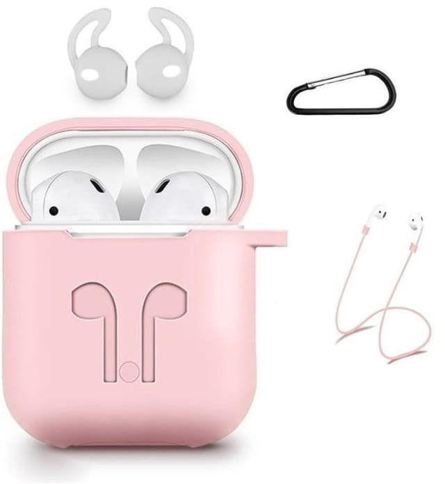 Silikon-kit til Airpods, Silikonfodral, Strap, Silikonsnäckor, Karbinhake, Rosa