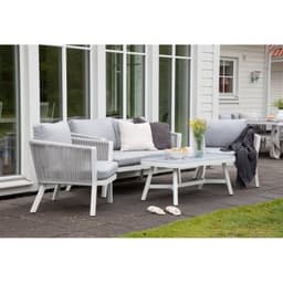 Loungegrupp virya - 1 st soffa + 2 st fåtölj + 1 st bord + dynor - ljusgrå / vit