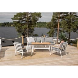 Loungegrupp brasilia - 1 st soffa + 2 st fåtölj + 1 st bord + dynor - grå / vit / teak