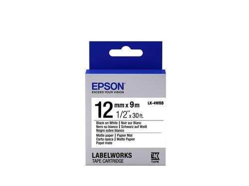 Epson etikettkassett matt papper – LK-4WBB matt papper svart/vit 12/9,