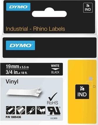 DYMO RhinoPRO 19mm vinylteip, hvit på svart, 5.5m rull