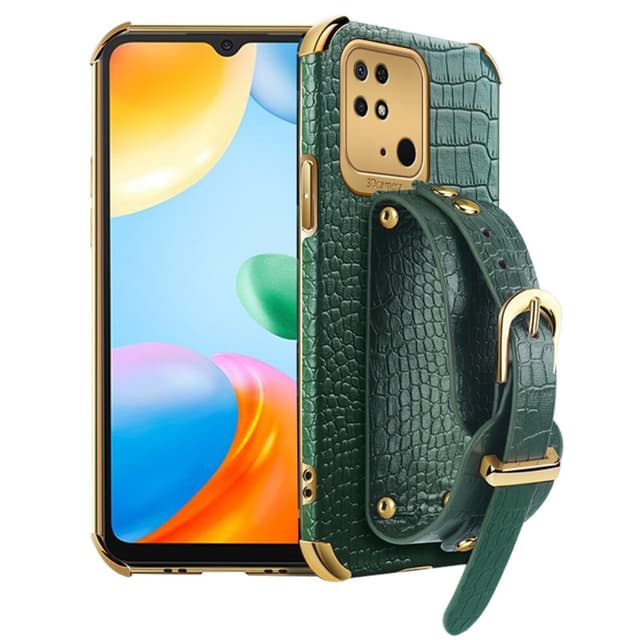 SKALO Xiaomi Redmi 10C Crocodile Guldkant Cover med håndrem - Grøn