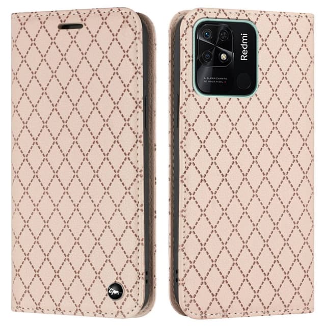 SKALO Xiaomi Redmi 10C Rhombus Litchi Flip Cover - Rosa guld