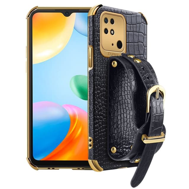 SKALO Xiaomi Redmi 10C Crocodile Guldkant Cover med håndrem - Sort
