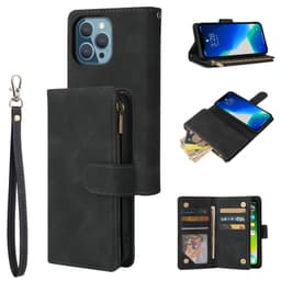 Glidelås Flip Lommebok telefonveske med kortspor/magnetisk lukking/håndleddsstropp PU Svart iPhone 13 Pro
