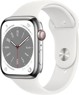 Apple Watch Series 8 45mm Cellular (rustfritt stål i sølv / hvit sportsreim)