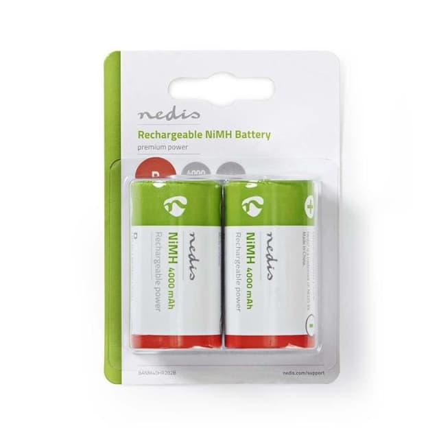 Nedis Uppladdningsbara Ni-MH Batteri D | 1.2 V DC | 4000 mAh | Förladdad | 2-Blister | HR20 | Grön / Röd