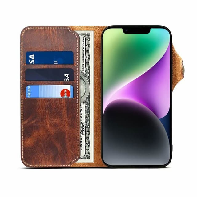 Wallet 3-kort ægte læder Apple iPhone 14 Plus - Brun