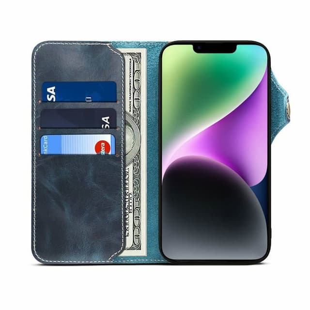 Mobilplånbok 3-kort äkta läder Apple iPhone 14 - Blå