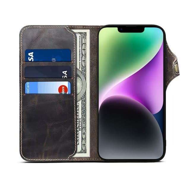 Wallet 3-kort ægte læder Apple iPhone 14 - Sort