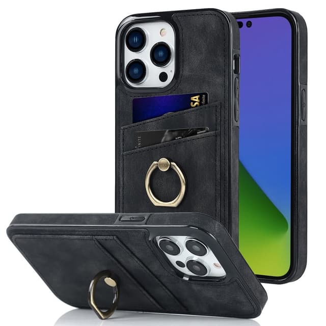 SKALO iPhone 14 Pro Max PU-nahkainen kortinhaltijan rengas - Musta