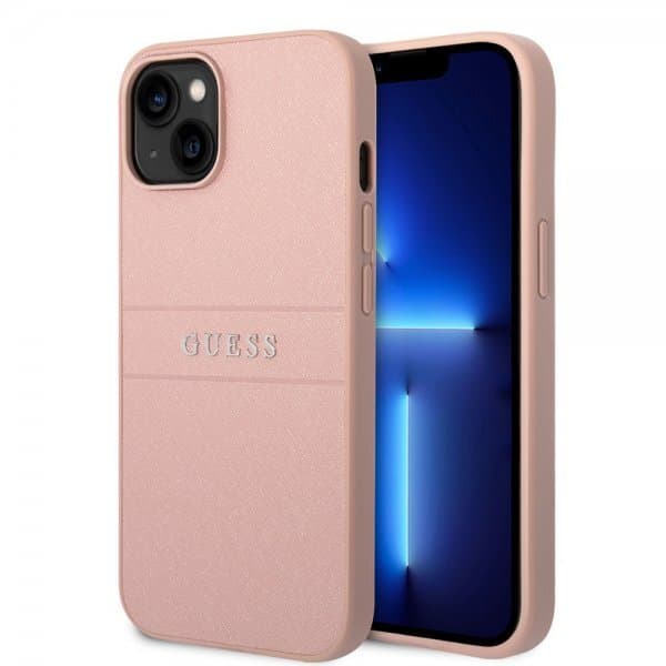 Guess iPhone 14 Plus Skal Saffiano Metal Logo Stripes Rosa