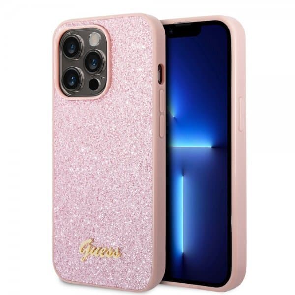 Guess iPhone 14 Pro Cover Glitter Flakes Metal Logo Lyserød
