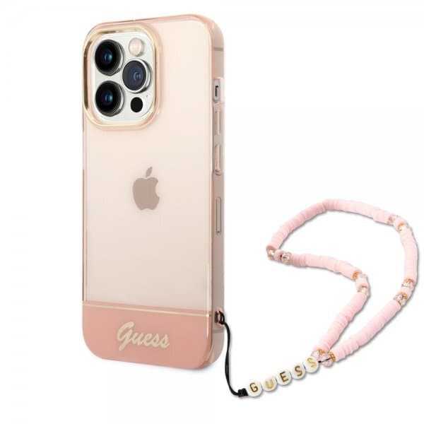 Guess iPhone 14 Pro Skal Translucent with Strap Rosa