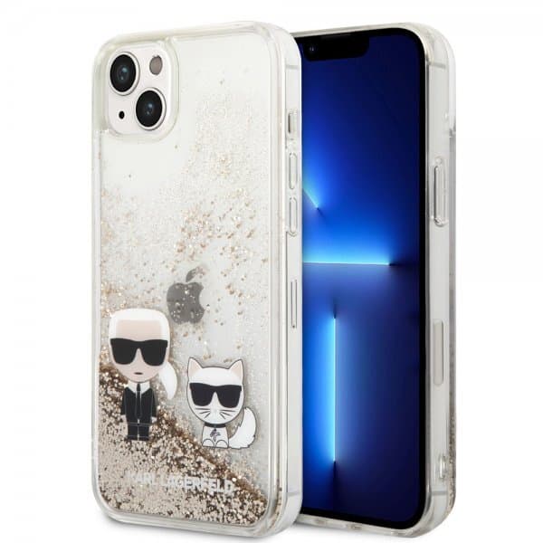 Karl Lagerfeld iPhone 14 Plus Skal Liquid Glitter Karl & Choupette Guld
