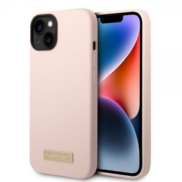 Guess iPhone 14 Deksel Silicone Metal Plate MagSafe Rosa