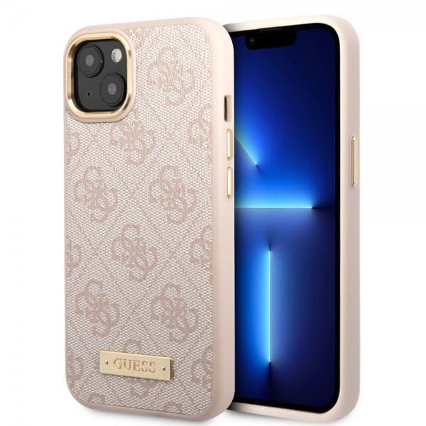 Guess iPhone 14 Plus Skal Metal Plate Logo MagSafe Rosa
