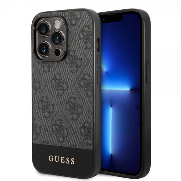 Guess iPhone 14 Pro Cover Bottom Stripe Metal Logo Grå