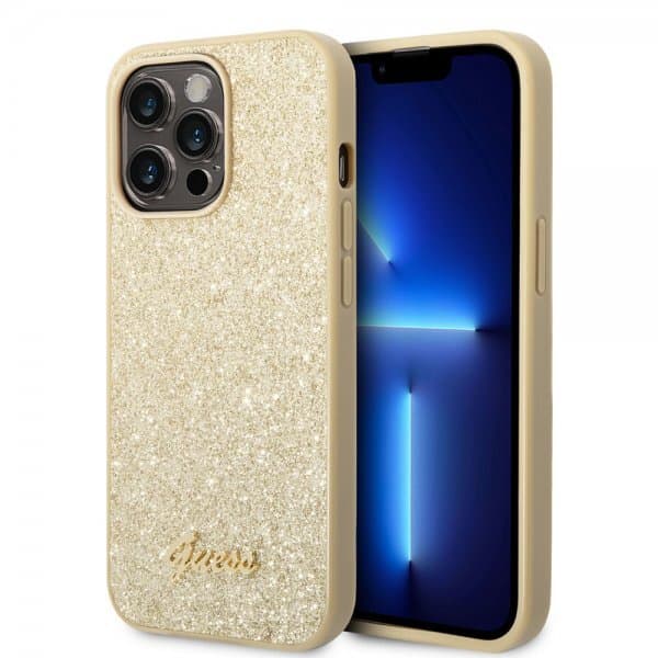 Guess iPhone 14 Pro Max Skal Glitter Flakes Metal Logo Guld