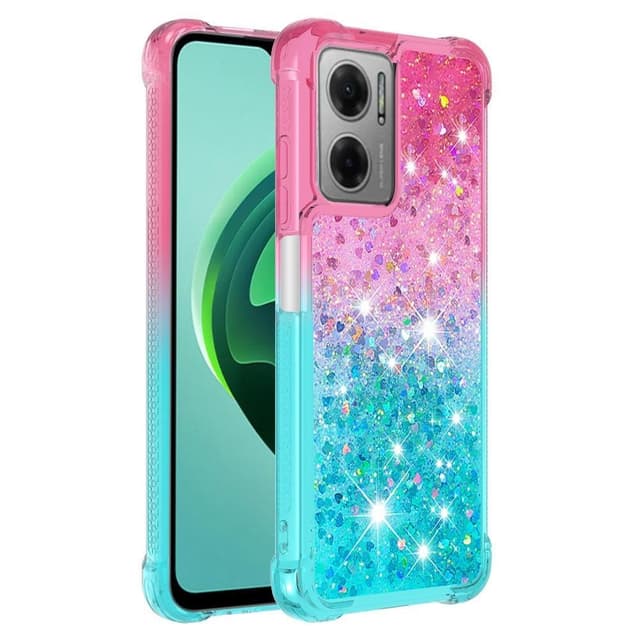 SKALO Xiaomi Redmi 10 5G Kvicksand Glitter Hjerter TPU Cover - Pink-Turkis