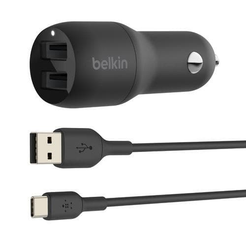 Dual USB-A Car Charger 24W + USB-C Cable, Black