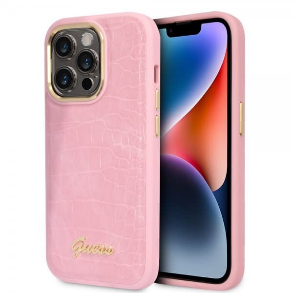 Guess iPhone 14 Pro Cover Croco Lyserød