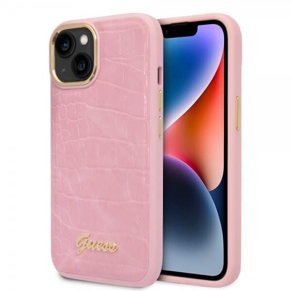 Guess iPhone 14 Cover Croco Lyserød