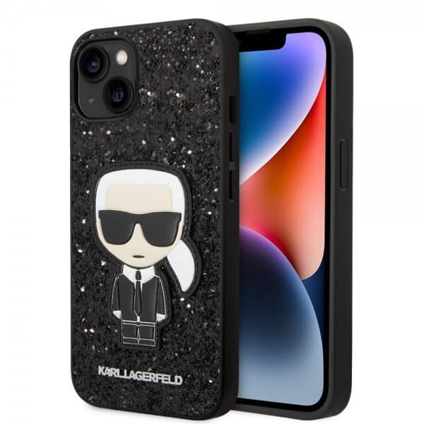 Karl Lagerfeld iPhone 14 Plus Cover Glitter Flakes Ikonik Patch Sort