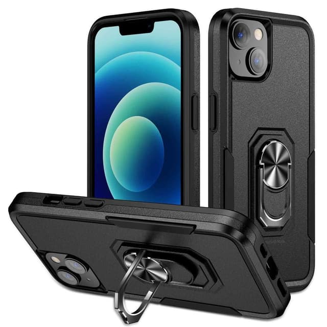 iPhone 14 Hybrid skal med Finger Ring & Metall Plåt - Svart