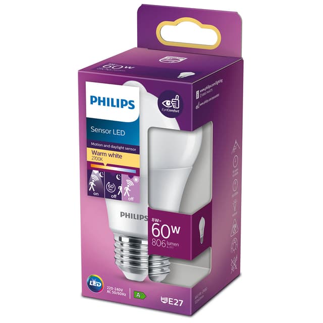 Philips LED E27 Normal 60W Bevegelsessensor 806lm