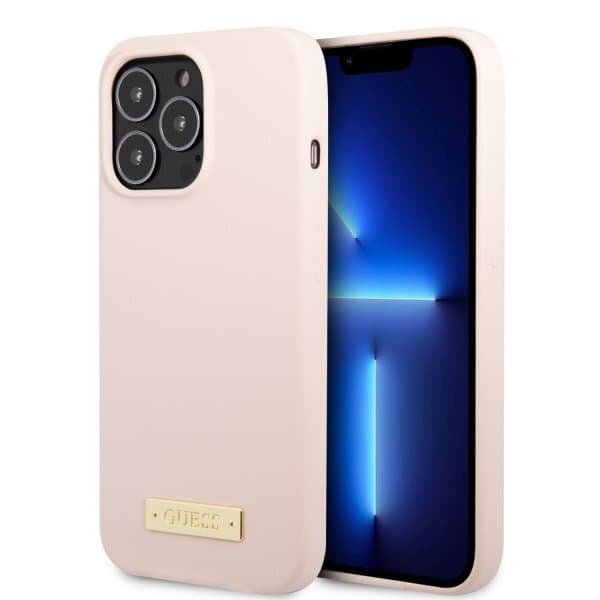 Guess iPhone 13 Pro Skal Silicone Metal Plate MagSafe Rosa