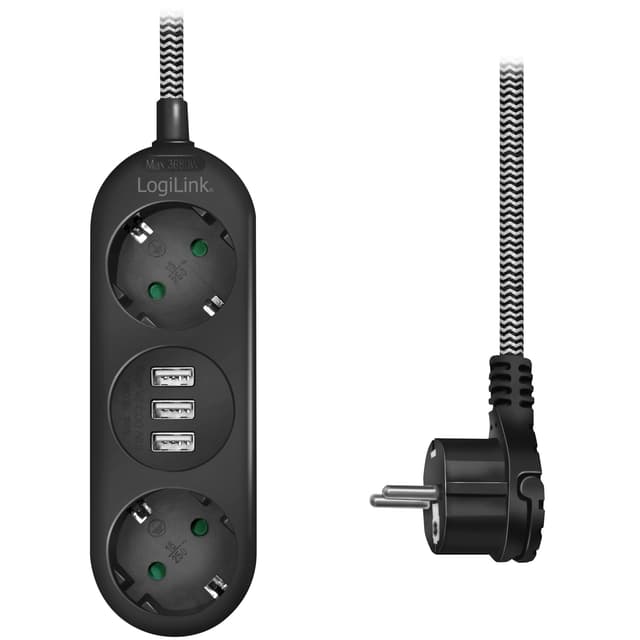 Forgreningskontakt Jordet 2-veis 3xUSB Flatplugg