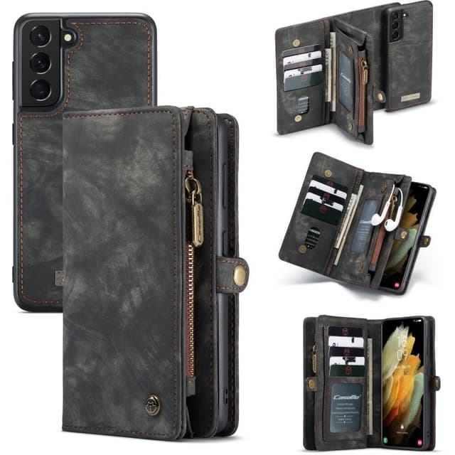 CASEME Samsung Galaxy S21 Retro läder plånboksfodral - Grå/Svart