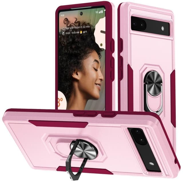 Google Pixel 6A Stødsikker TPU+PC Kickstand Telefontaske Bilmonteret Metalplade - Lyserød