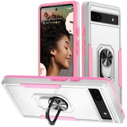 Google Pixel 6A Hybrid-deksel med fingerring og metallplate - hvit/rosa