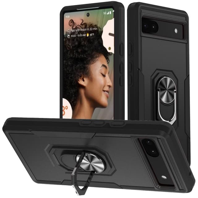 Google Pixel 6A iskunkestävä TPU+PC Kickstand -puhelinkotelo autoteline metallilevy - musta
