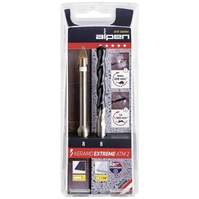 Alpen Keramo extreme ATM2 300082100 Glas- og fliseborsæt 2 dele 8 mm 1/4 (6,3 mm), Cylinderskaft 1 Set