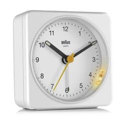 Braun firkantet vekkerklokke stillegående hvit BC03W